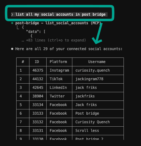 Claude listing connected social accounts