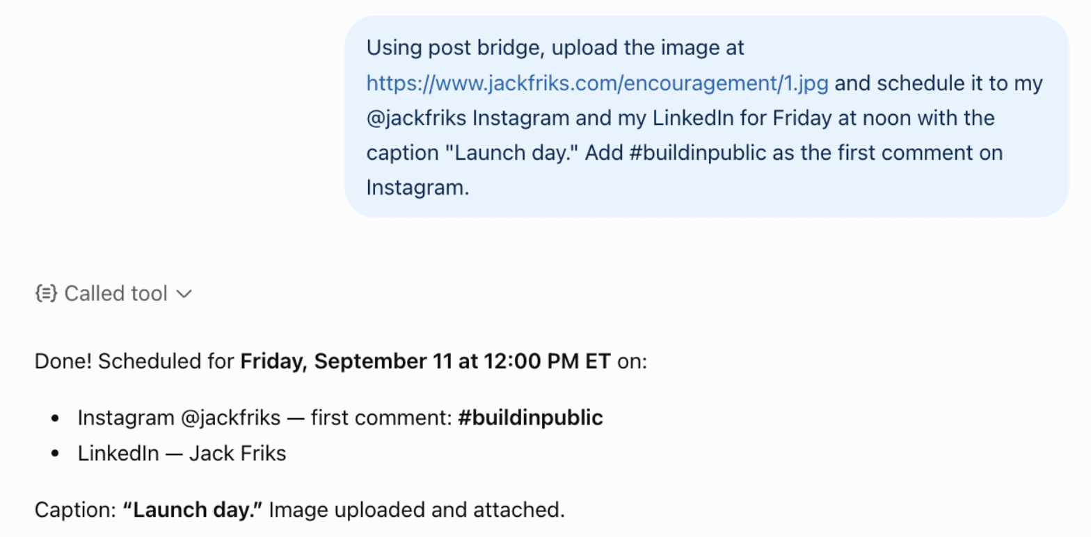 ChatGPT scheduling an image post to Instagram and LinkedIn through post bridge