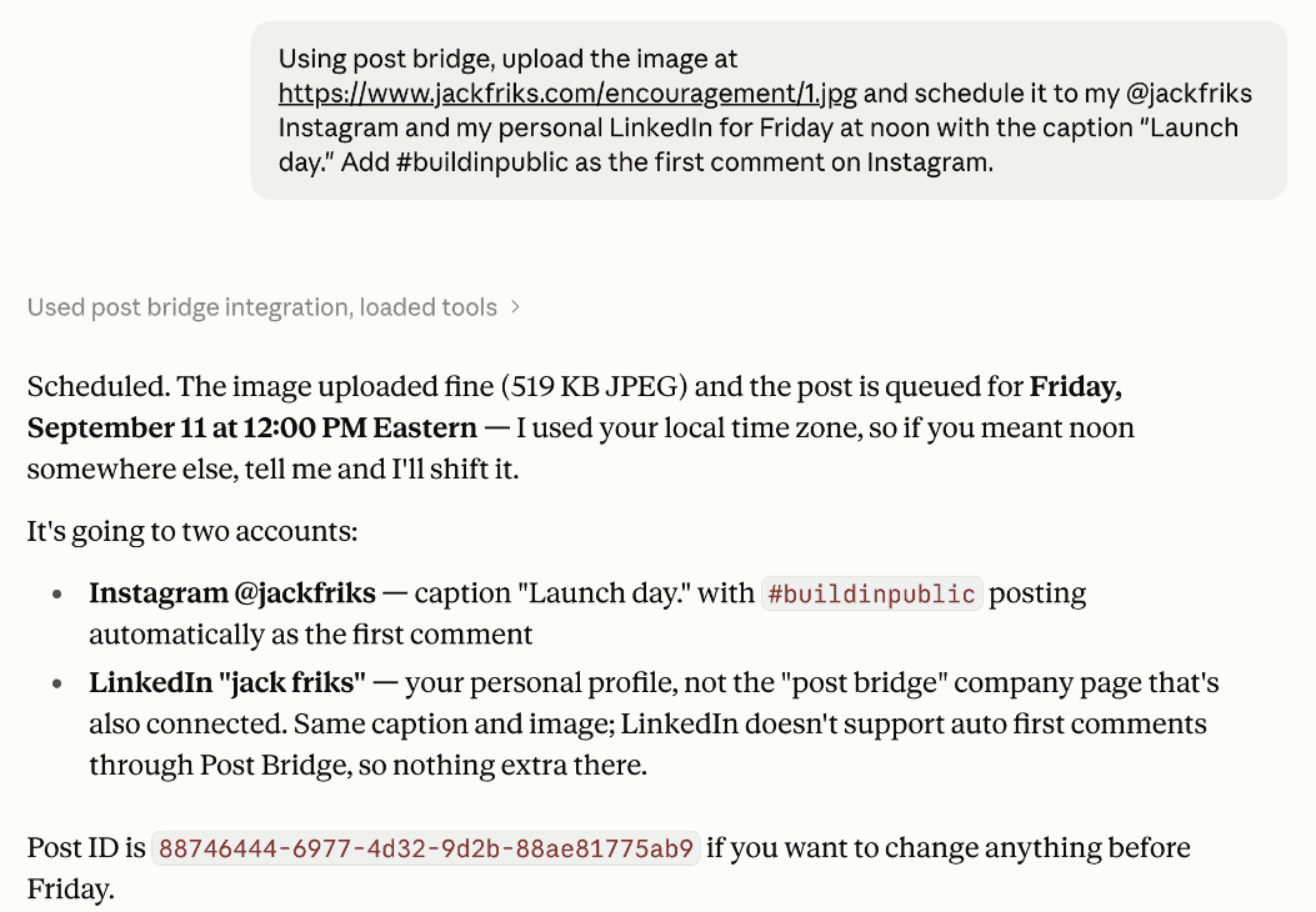 Claude scheduling an image post to Instagram and LinkedIn through post bridge