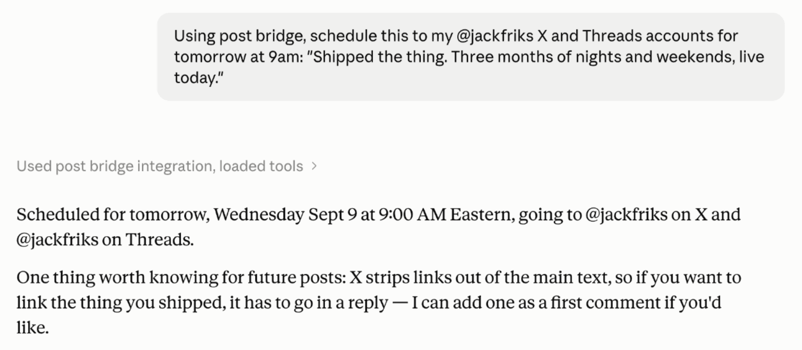 Claude scheduling a text post to X and Threads through post bridge