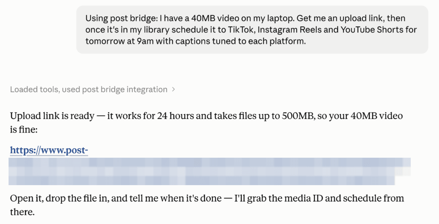 Asking for an upload link, then scheduling a video to TikTok, Reels and Shorts