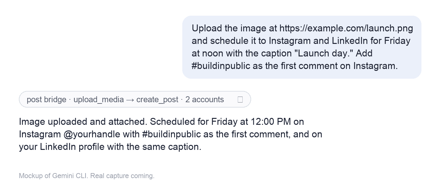 Gemini scheduling an image post to Instagram and LinkedIn through post bridge