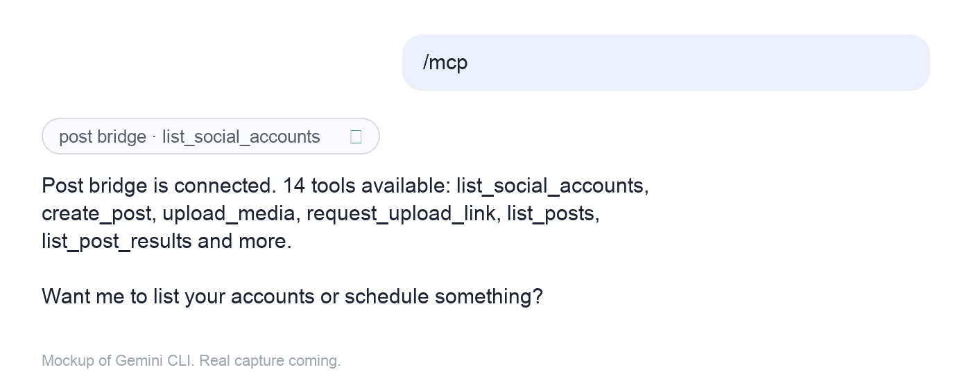 Gemini CLI confirming post bridge is connected with 14 tools