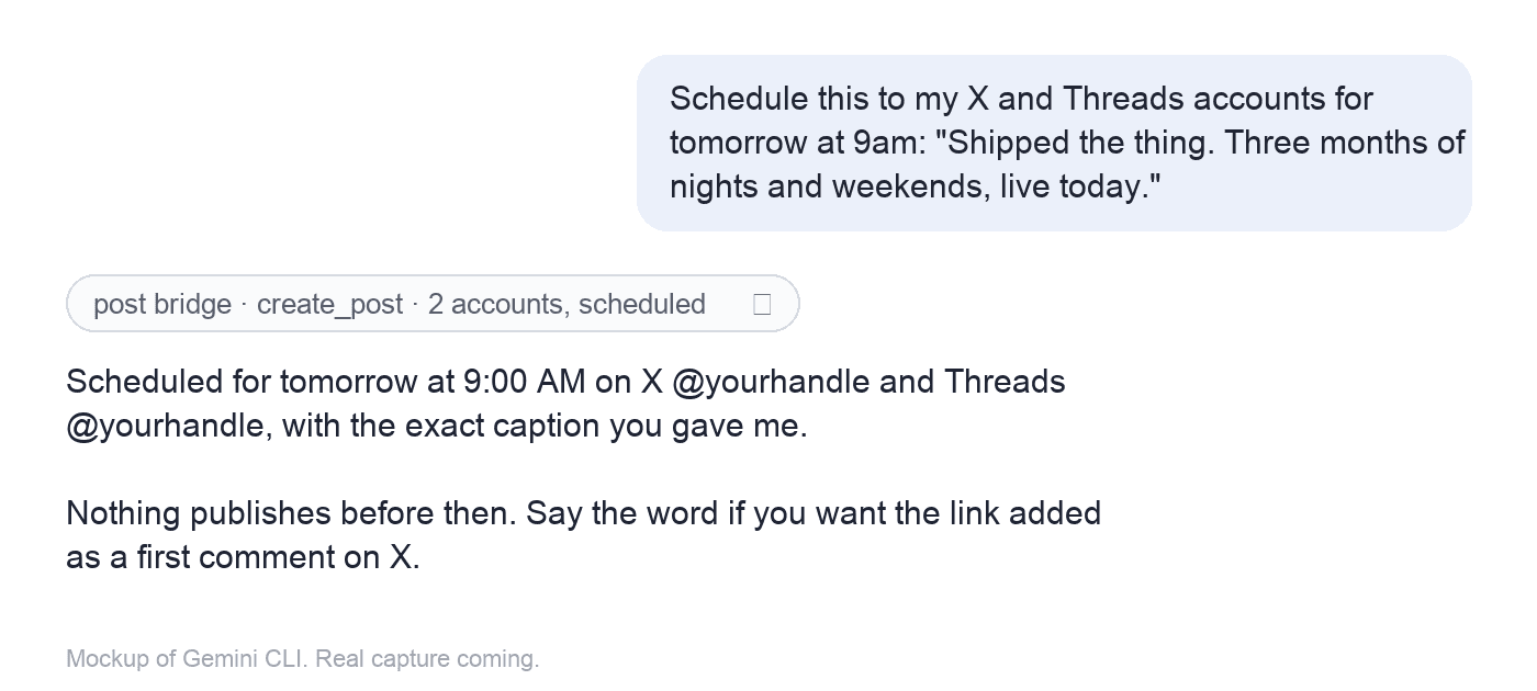 Gemini scheduling a text post to X and Threads through post bridge