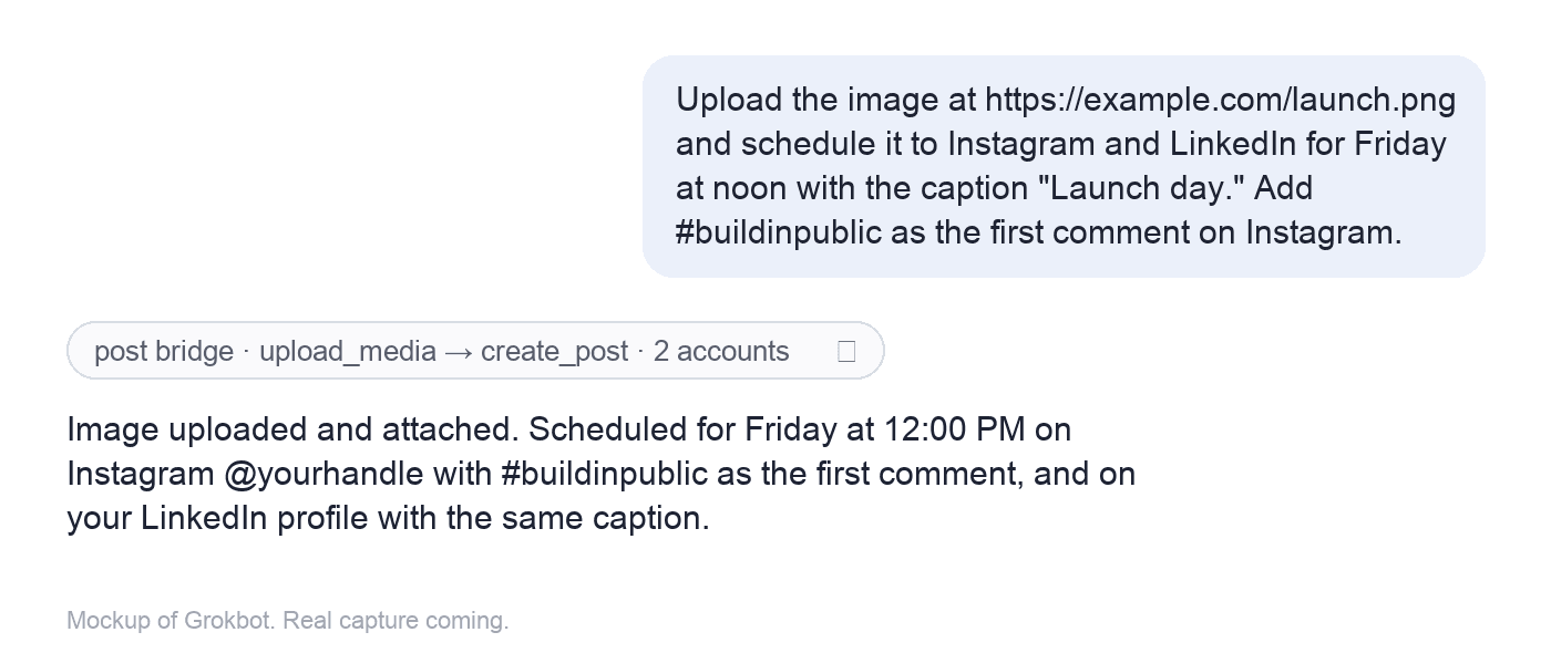 Grokbot scheduling an image post to Instagram and LinkedIn through post bridge