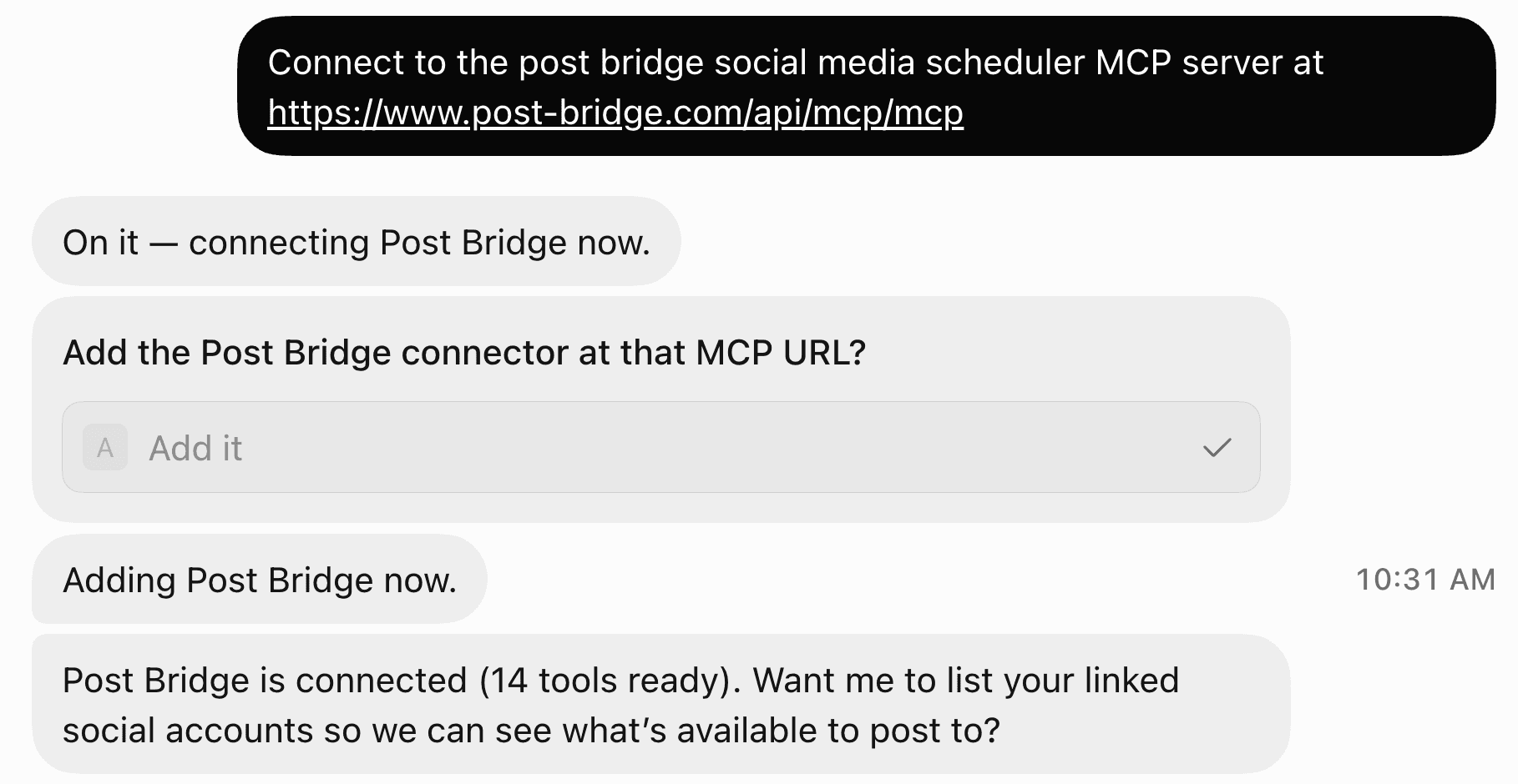 Grokbot confirming post bridge is connected with 14 tools
