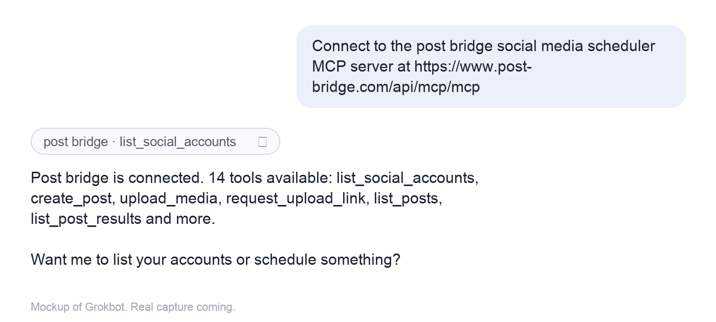 Grokbot confirming post bridge is connected with 14 tools