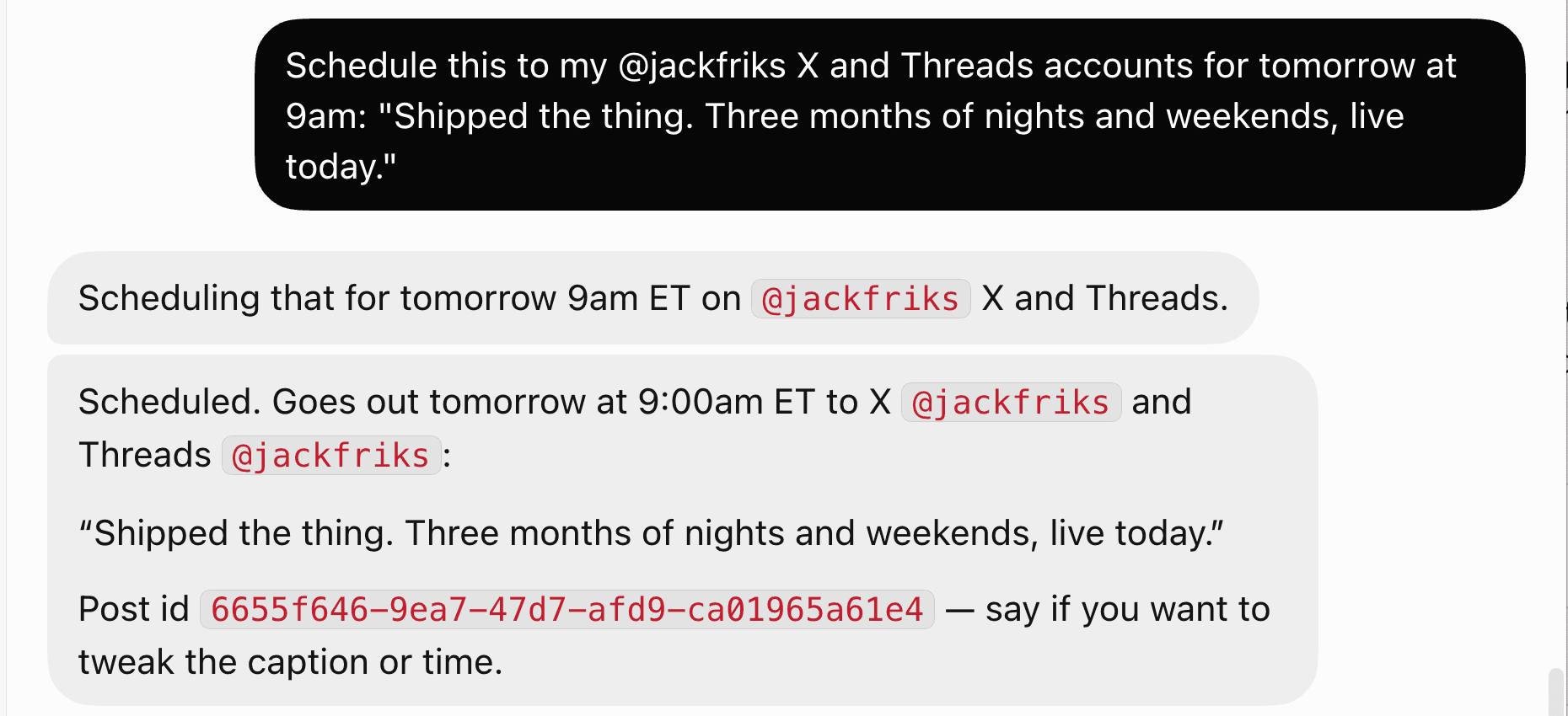 Grokbot scheduling a text post to X and Threads through post bridge