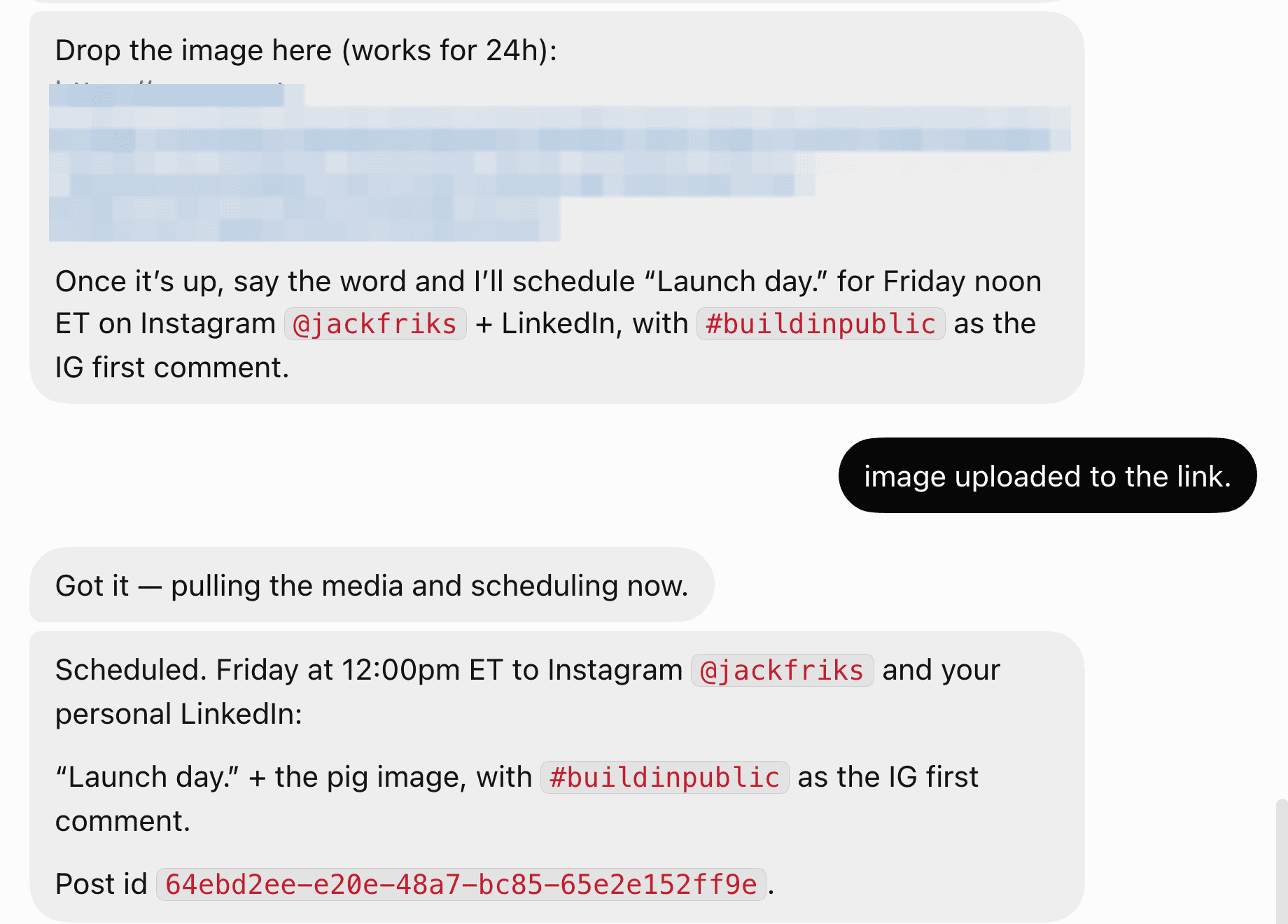 Grokbot sending an upload link, the user confirming the upload, and the post being scheduled