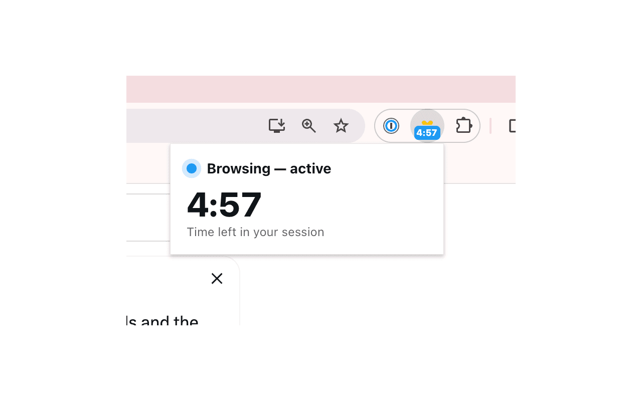 Toolbar popup with active browsing session at 4:57